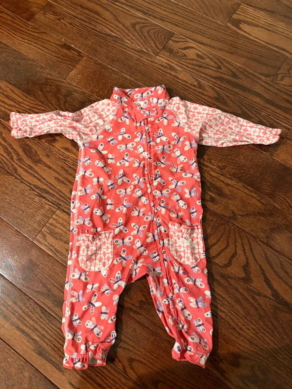 Coral Pink Butterfly Print Kids One-Piece Swimsuit